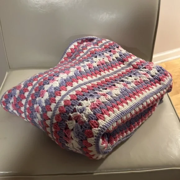 Handmade Pink, White, & Grey Scalloped Edge Crochet Throw Blanket
